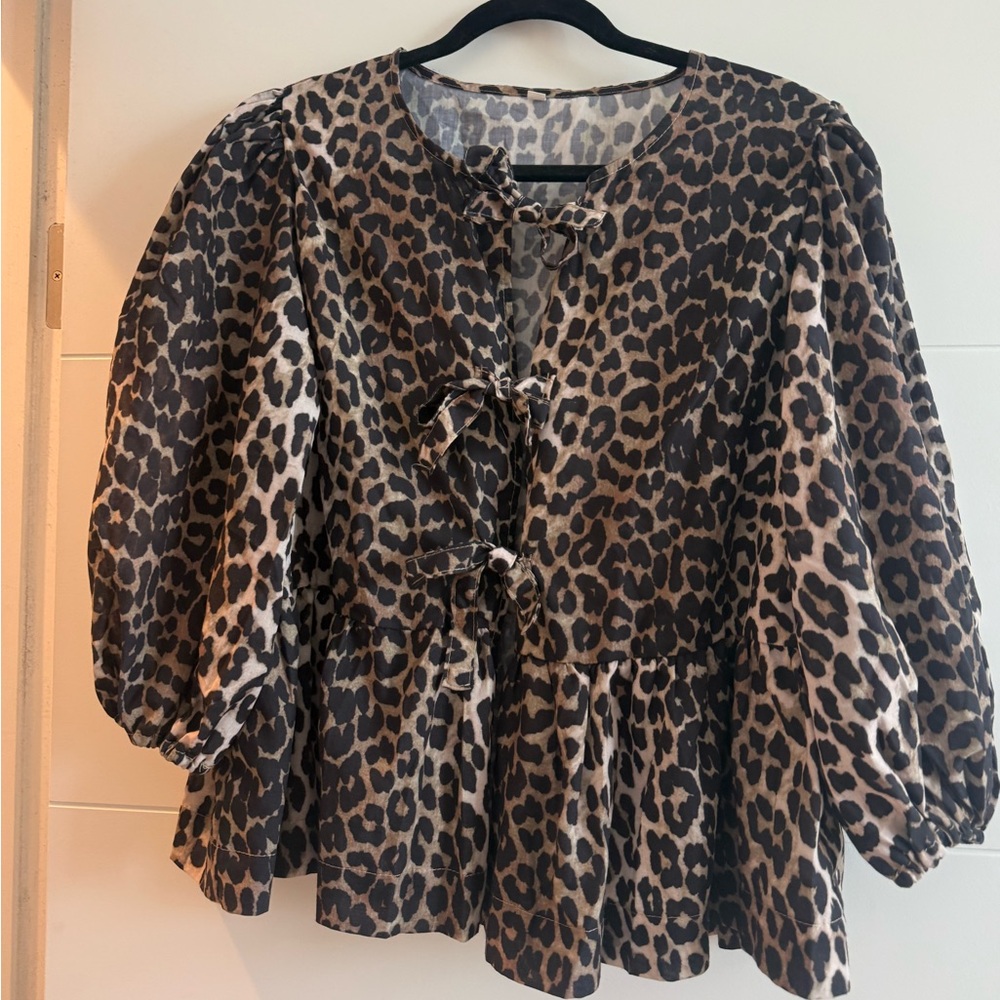 Leopard Print Puff Sleeve Peplum Top - Brown